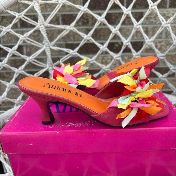 AMANDA PINK MULTICOLOR RIBBON CONFETTI OPEN TOE KITTEN HIGH HEELS SZ 7 - Picture 1 of 10